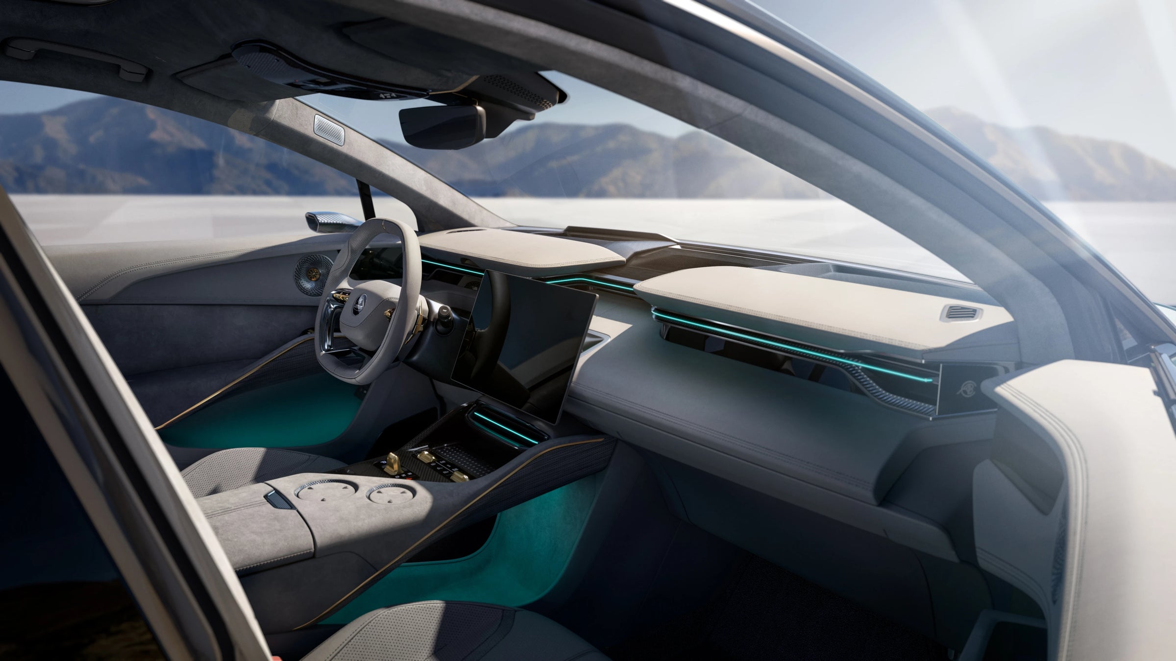 Futuristic Lotus Eletre car interior with a minimalist dashboard, large central screen, and bright teal ambient lighting, shown from an open window with a blurred outdoor landscape in the background.