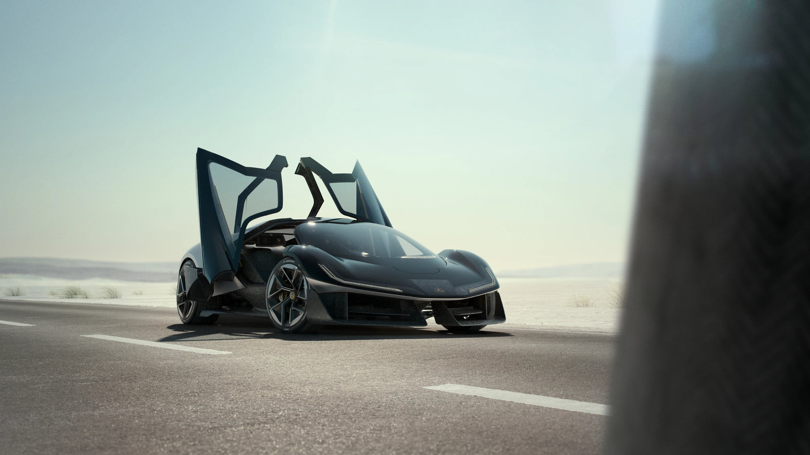 Lotus Theory 1 car with butterfly-style open doors.