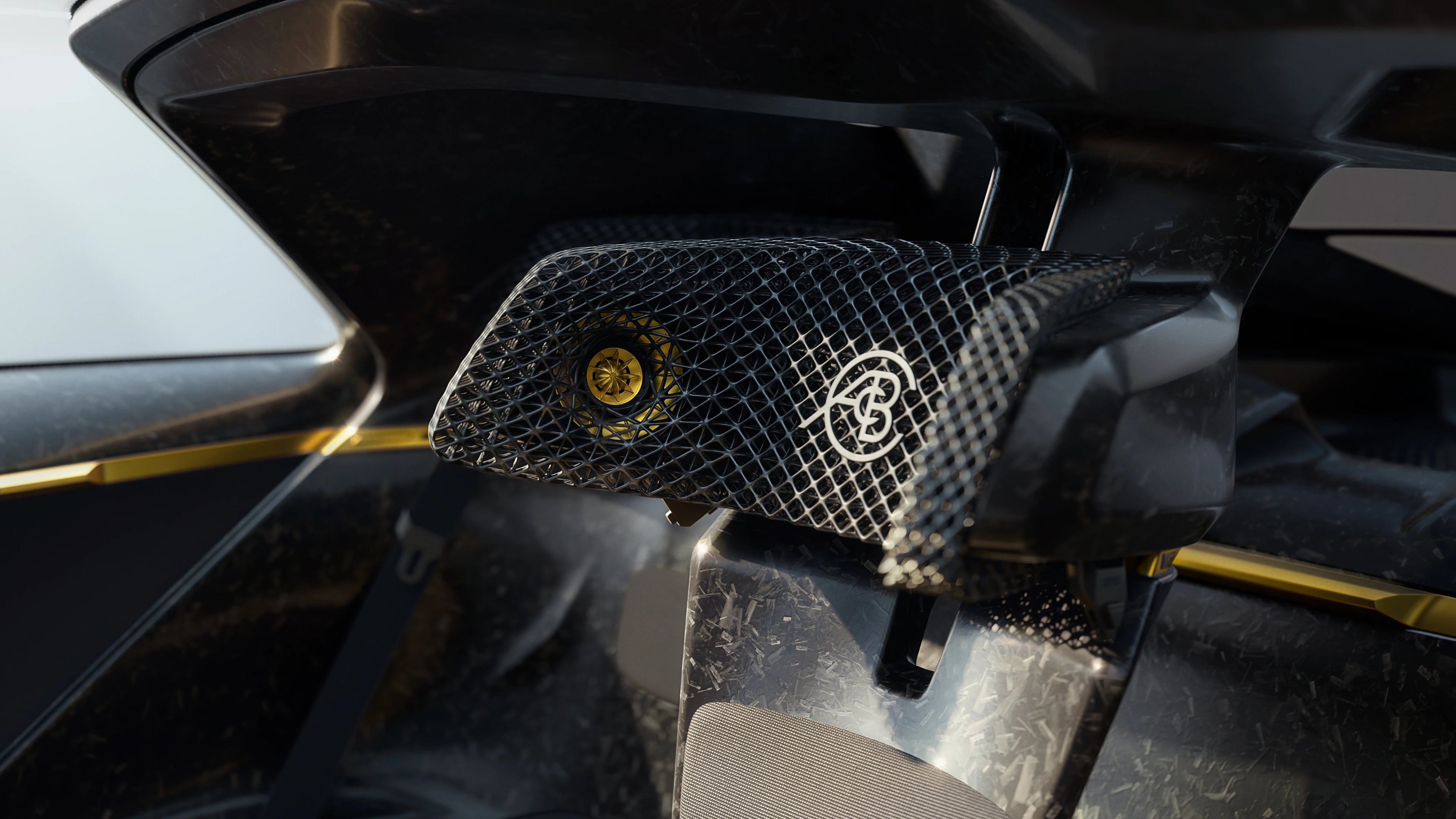 Close-up of headrest in Lotus Theory 1 car.